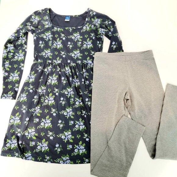 Old Navy Girls Large 10/12 Long-Sleeve Fit and Flare Dress and Leggings Set EUC - Picture 1 of 9